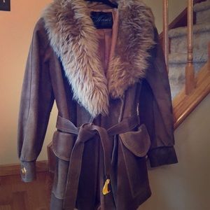 Gorgeous retro brown suede belted fur coat